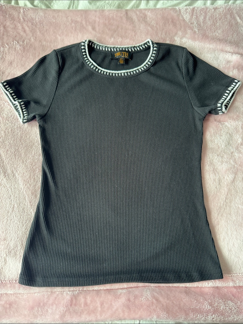 Black Short Sleeve Ribbed Tee with Trim made by Truth by republic.